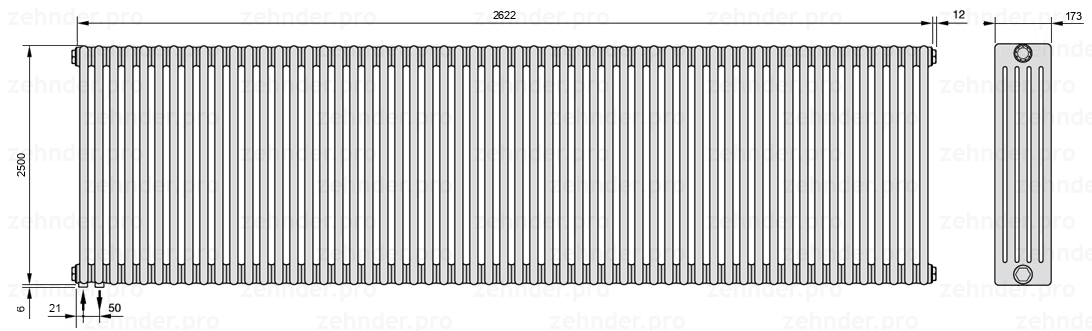 Схема (чертеж) Радиатор Zehnder Charleston 5250/57 №3370 Белый глянцевый RAL 9016
